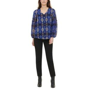 Calvin Klein Women's Blue Sheer Reptile Snake Print V-Neck Blouse Size Small